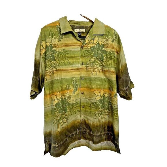 Tommy Bahama Size L Silk Hawaiian Shirt Camp Green Leaf Floral Retro Mens - Picture 1 of 4